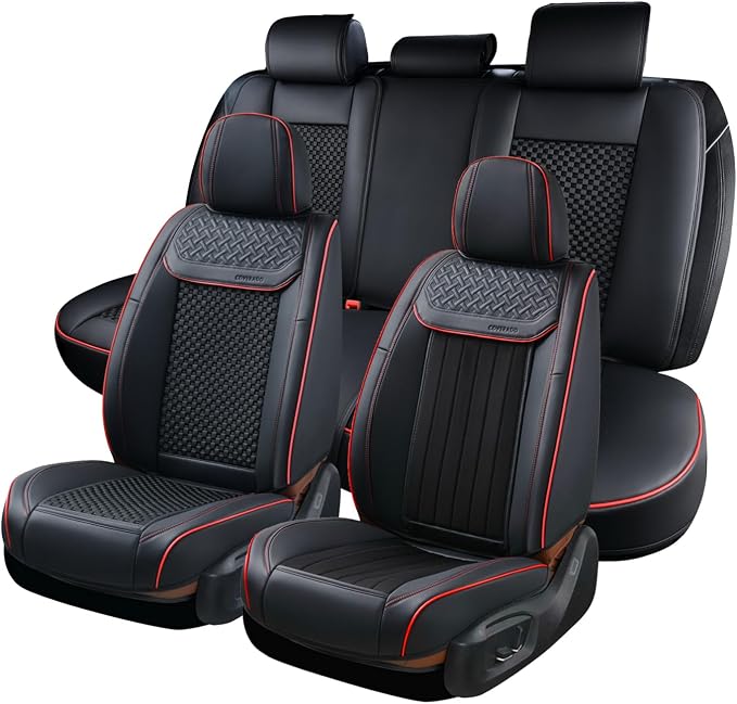 Coverado 2 in 1 Seat Covers for Car Full Set, Conversions Between Warm Suede and Cold Ice Silk for Car Seat Protector Car Accessories Universal Fit for Most Cars SUVs and Trucks（Black&Red）