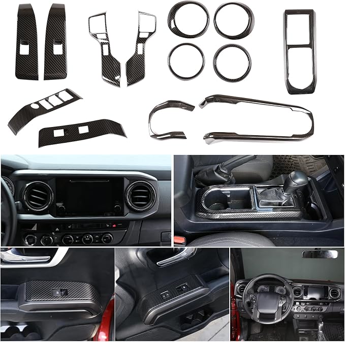 14PCS Full Set Interior Decoration Trim Kit Compatible with Toyot@ Tacoma 2016-2022 Central Control Dashboard Frame Cover Shift Knob Cover Air Vent Trim Cover Window Button Cover (Carbon Fiber)