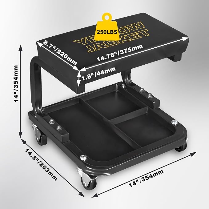 YELLOW JACKET Creeper Garage/Shop Seat, 250 LBS Capacity Rolling Padded Mechanics Stool Removal Seat with Tool Tray