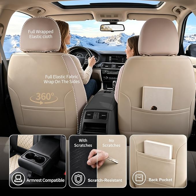 Fit Edge Car Seat Covers for Ford Edge 2007-2025 2026 - Luxury Leather, Anti-Slip, All-Weather, Waterproof & Breathable, Airbag Compatible, 2 Front Seats Only (Beige)