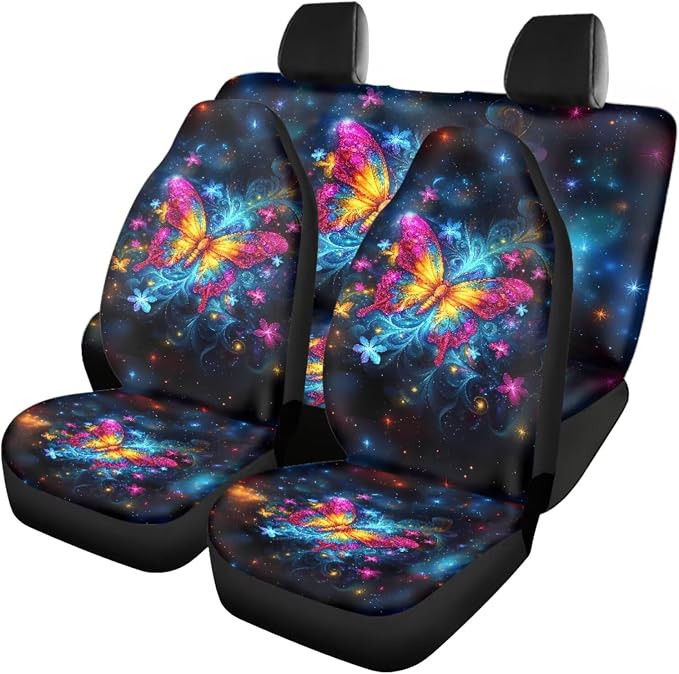 18 Pcs Colorful Butterfly Car Interior Accessories Set for Women, Car Seat Covers with Steering Wheel Cover Floor Mats Seat Belt Pads Armrest Pad Roof Handle Wraps Cup Coasters Keychains