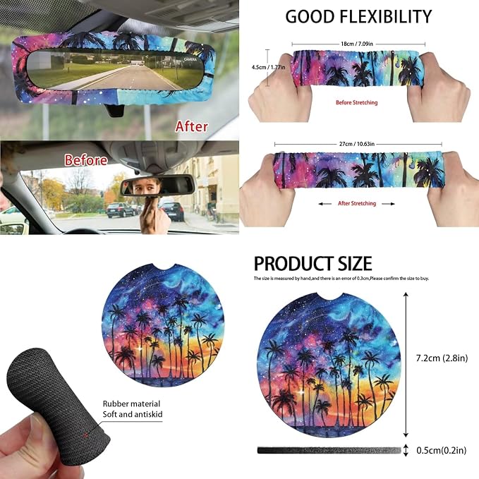 Tropical Palm Tree 15 Piece Car Seat Covers Full Set Car Steering Wheel Cover Auto Safe Belt Pads Cup Coasters Garbage Can Rear View Mirror Cover Keychains Wristlet Strap