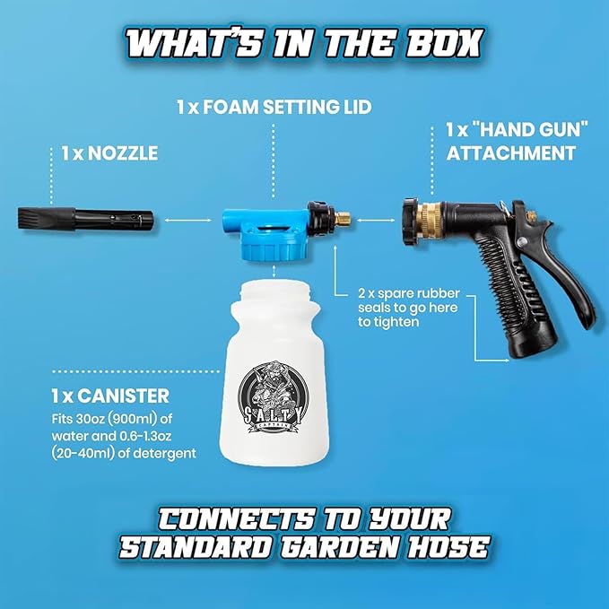 Salty Captain Foam Cannon For Hose – The Ultimate Foam Blaster that Connects to Any Garden Hose – Professional Car Wash Gun & Boat Wash with Concentration Adjustment – Scratch-Free Cleaning for Boats