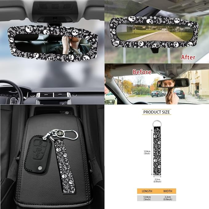 Wanyint Skull Butterfly Floral 15 PCS Car Seat Covers Set for Men Women, Seat Protector with Steering Wheel Cover Seat Belt Pads Trash Bin Sunglass Pocket Rear View Mirror Protector Coasters Key Chain