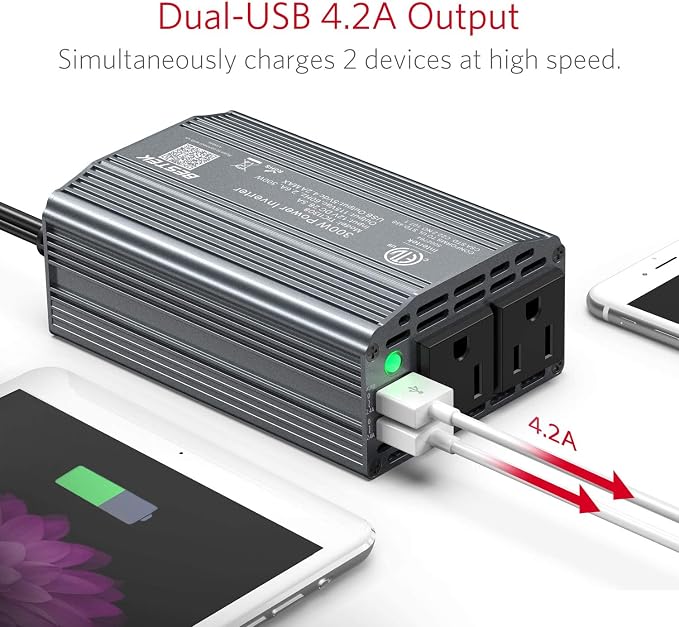 BESTEK 300W Power Inverter DC 12V to 110V AC Car Inverter with 4.2A Dual USB Car Adapter (Gray)