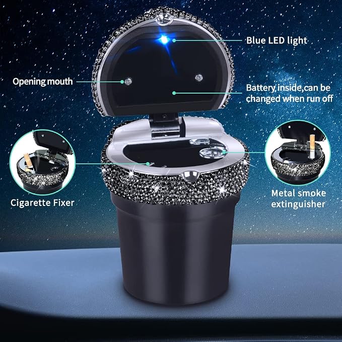 eing Car Ashtray Portable Cigarette Smokeless Cylinder Cup Holder with Blue LED Light Indicator and 2 Replacement Batteries,Car Accessories for Women,Ideal for Car,Home and Office,2-Pack Black+Black