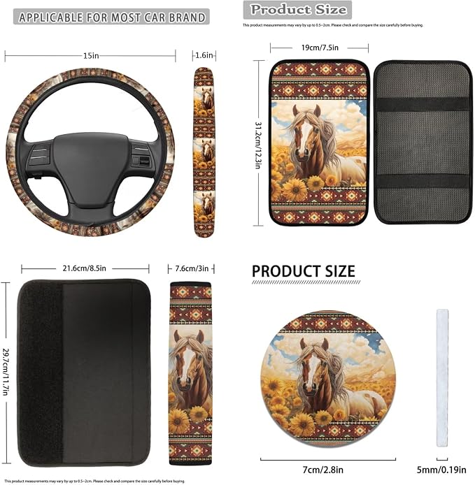 12 Pcs Aztec Horse Car Seat Cover Full Set,Southwestern Tribal Native Aztec Seat Cover Front and Back Set,Universal Fit Sunflower Auto Steering Wheel Wrap,Coaster,Armrest,Keychain for Women