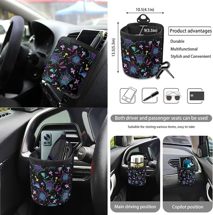Mushroom Bat Spider Web Car Seat Covers 15Pcs Full Set Car Steering Wheel Cover Seat Belt Cover Trash Bin Air Vent Storage Box Rear View Mirror Car Cup Holder Keychain Halloween Decor