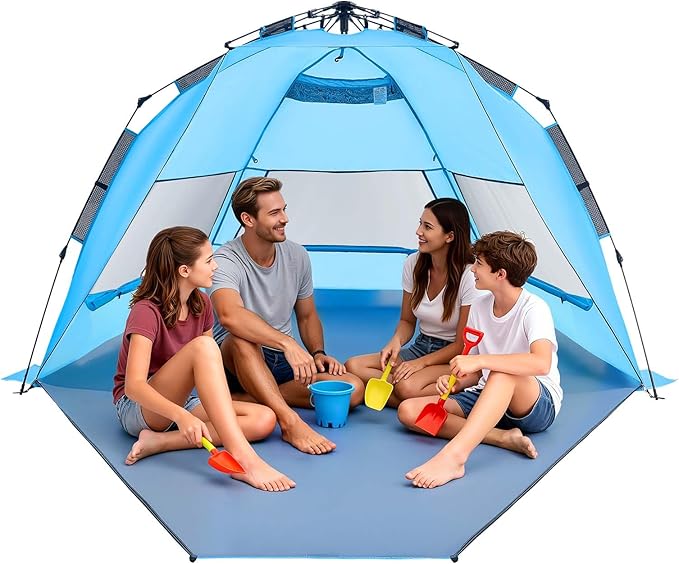 VEVOR Beach Tent Sun Shelter for 4 Person, Pop Up Beach Tent UPF 50+, Portable Sun Shade Beach with Carrying Bag and Sand Pockets, Easy Setup Umbrella for Camping Fishing Outdoor Picnic
