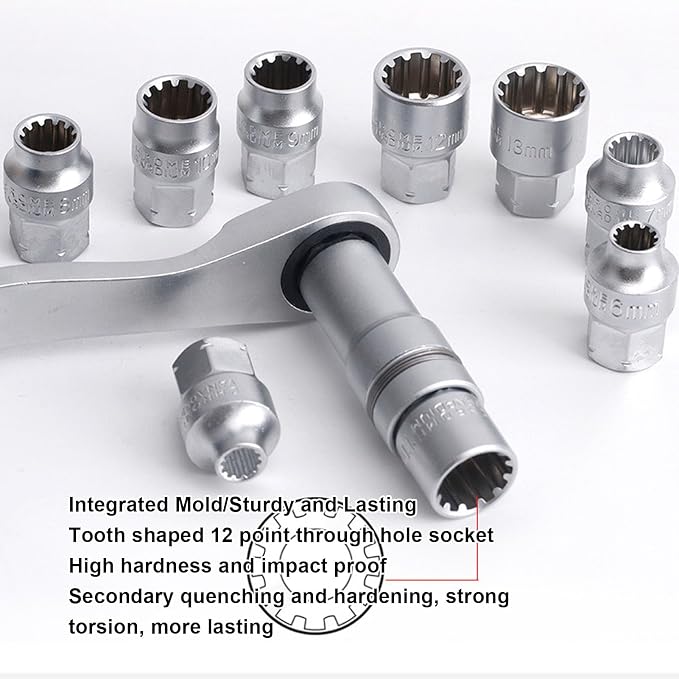 Luocute Pass Through Ratchet and Socket Set, 17 Piece 10 to 24mm 12 Point Metric Spline Socket Wrench with 72 Tooth Bidirectional Gear 1/2 3/8 Inch Drive Adapter for Hex Square