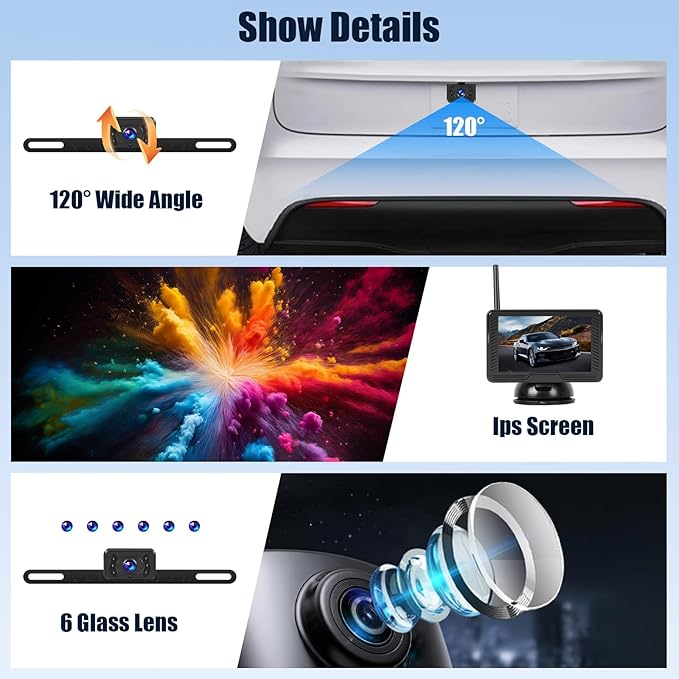 Wireless Backup Camera, 4.3" Easy Setup Plug-Play, AHD Screen Reverse Rear Camera, IP69 Waterproof, Clear Night Vision, Infrared, Long Range with Monitor System for Car Truck SUV