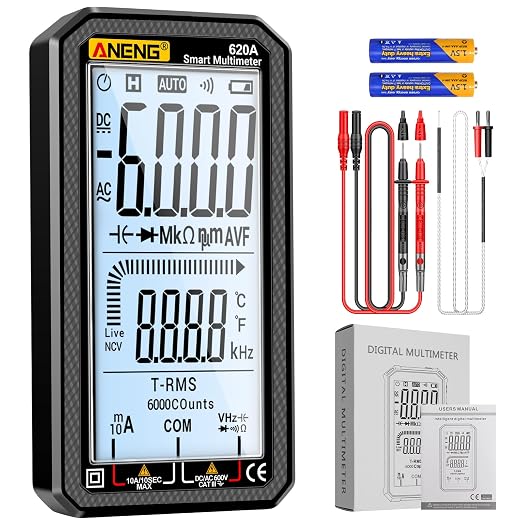 Digital Multimeter 6000 Counts Auto Ranging Voltmeter with LCD,Measures Ac/DC Current,Voltage,Resistance Temperature, for Electricians,DIY (620A Black)