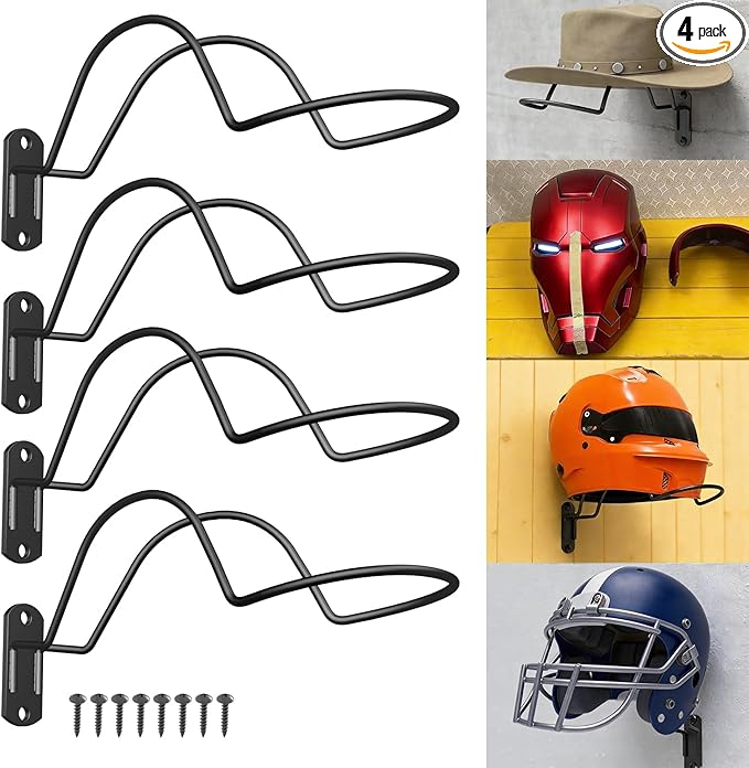 Helmet Wall Mount Display 4-Pack, Multifunctionnal Wall Mounted Helmet Holder Rack for Motorcycle, Hockey, Equestrian, Baseball, Football Helmets Storage, Black