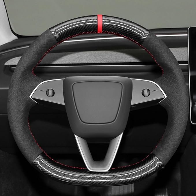 MEWANT DY Black Glossy PU Carbon Fiber Embossed Suede Steering Wheel Cover for Tesla Model3 Highland Model Y Juniper