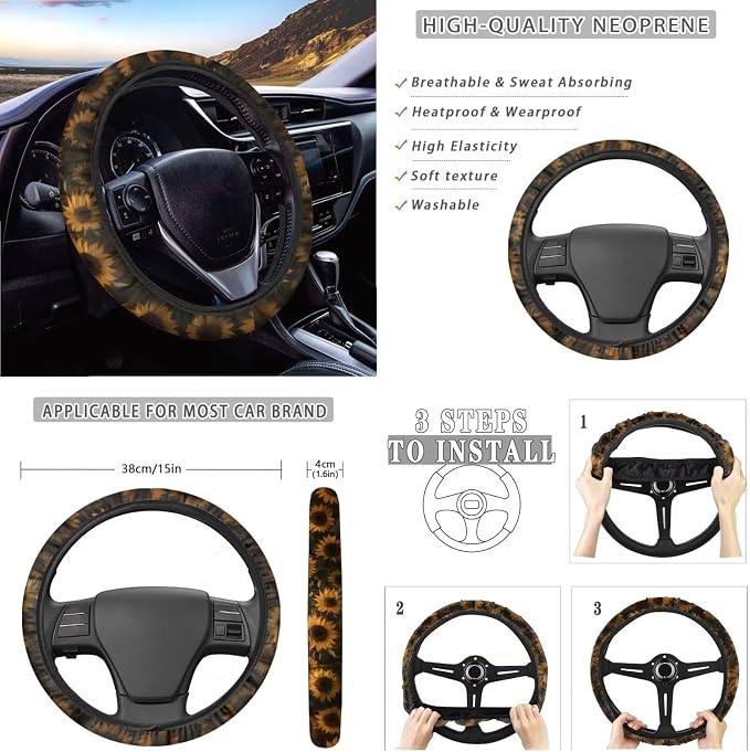 Xoenoiee Horse Sunflower Black Pattern Car Seat Covers and Accessories, Front Rear Seat Covers, Steering Wheel Cover, Seat Belt Pads, Coasters, Keychains for Car SUV Decor, 11 PCS Set