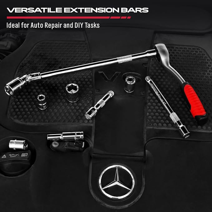4-Piece 3/8" Drive Socket Extension Bar Set, Professional Socket Extension Set Include 3, 6, and 10 Inch Extensions and 3/8 Inch drive Universal Joint Sockets, Premium Cr-V Steel Construction