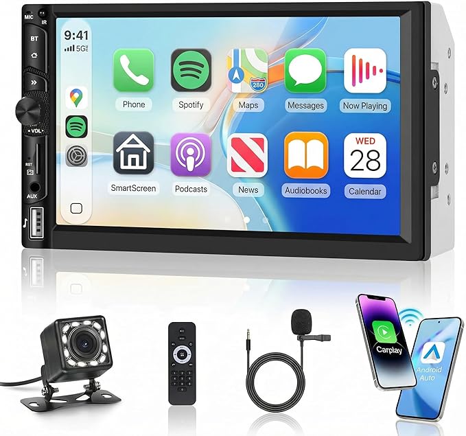 7 Inch Double Din Car Radio, Wireless/Wired CarPlay Android Auto, HD IPS 1024x600 Touchscreen, Bluetooth SWC, AHD Backup Camera, FM EQ AUX USB