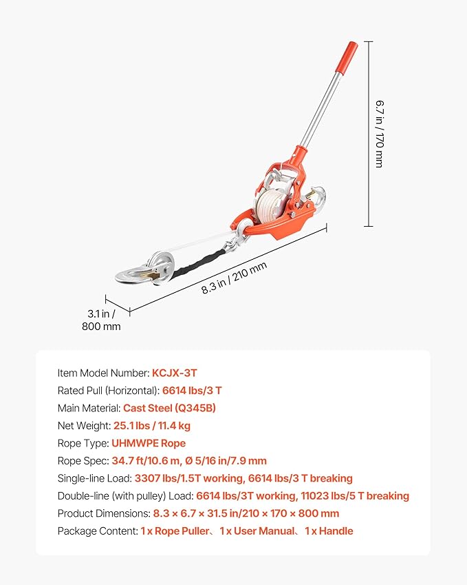 VEVOR Rope Puller, 6614 lbs Pulling Capacity, Heavy Duty Ratchet Power Puller Tool with 35 ft of 0.3 in Diameter Rope & 2 Hooks, Come Along Winch for Tree Felling, Moving Boats, Road Recovery