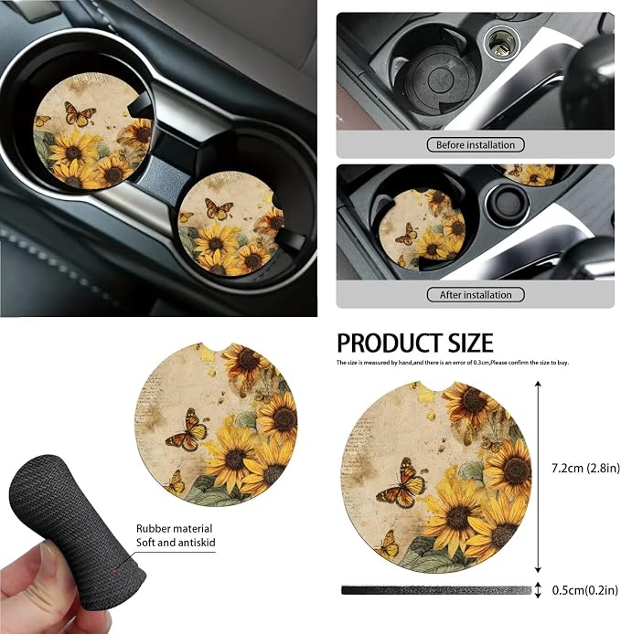 Butterfly Sunflower Print Car Seat Covers Full Set with Steering Wheel Cover Safety Belt Pads Rearview Mirror Cover Garbage Bag Car Air Vent Organizer Cup Cushions for Women