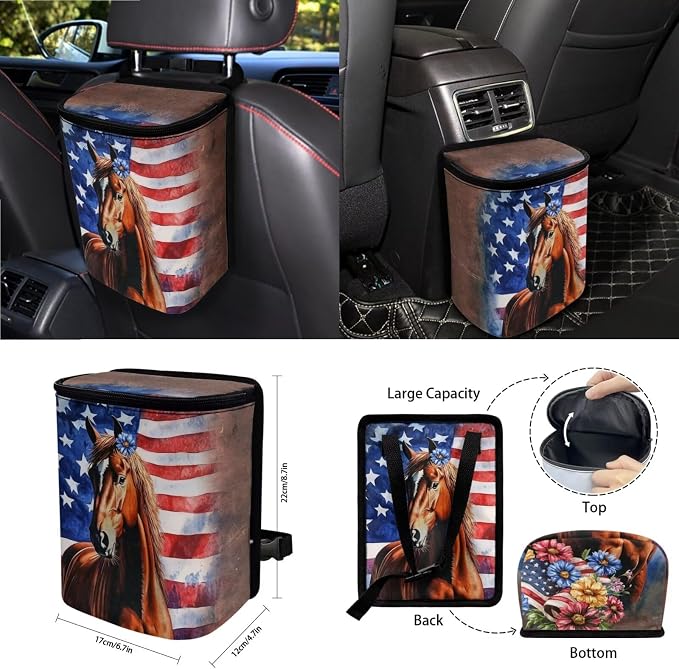 Horse American Flag Daisy Print Car 15pcs Accessories, Front and Back Seat Covers for Cars Steering Wheel Cover Seat Belt Cover Trash Can Coasters Universal Fit