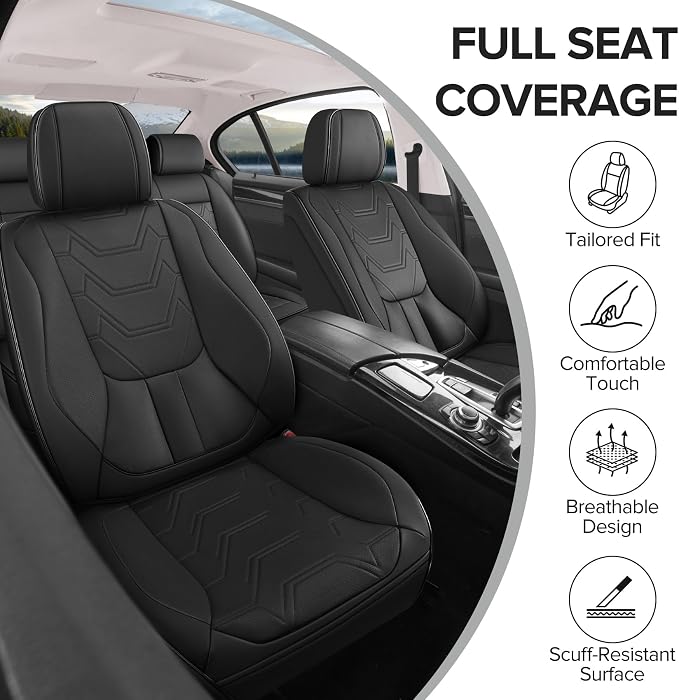 CAPITAUTO Car Seat Covers Full Set, Black Seat Covers for Car with Lumbar Support, Faux Leather Waterproof Seat Covers 5 Seats, Breathable Automotive Seat Covers Fit for Most Cars SUV Truck