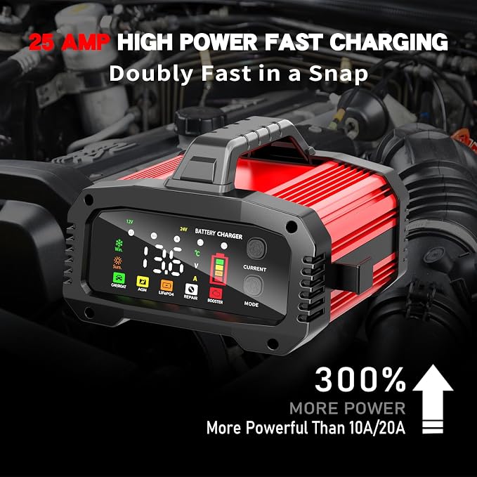 Car Battery Charger 25A, 12V/24V LiFePO4 Battery Charger Automotive, Adjustable Amp Trickle Charger with Auto Detection, Boost Mode, Battery Repair, for Car Truck Motorcycle AGM Gel SLA Deep Cycle