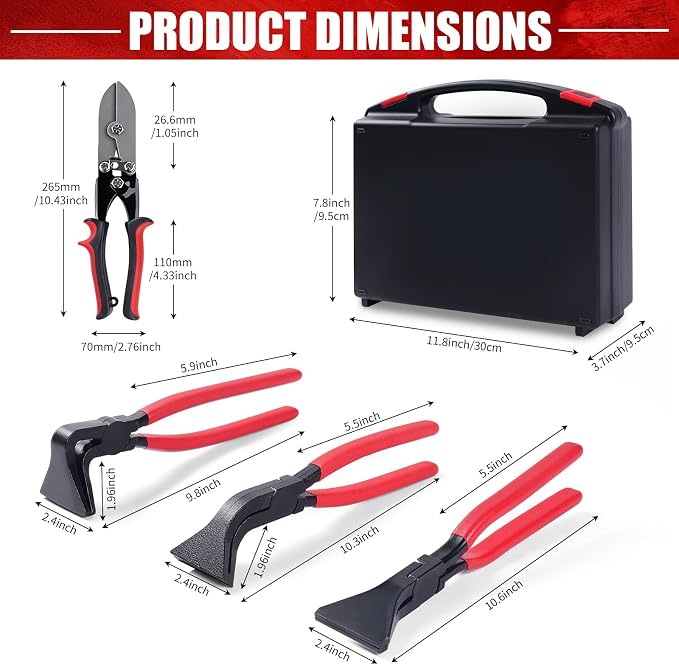 Professional HVAC Sheet Metal Tools Set, 10-1/2" 5-Blade Sheet Metal Crimper + 3-Piece Hand Seamers (Straight, 45°, 90°), Duct Crimping & Bending Tools for 24–28 Gauge Ductwork