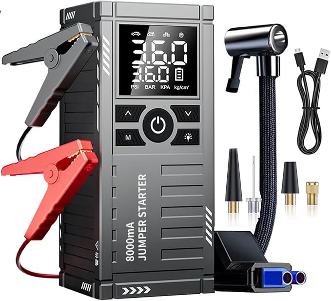 Car Battery Jump Starter with Air Compressor - 4500A 150PSI Battery Jumper Starter Portable with Tire Inflator, Car Battery Jump Starter with Jumper Cables, LCD Display, LED Light