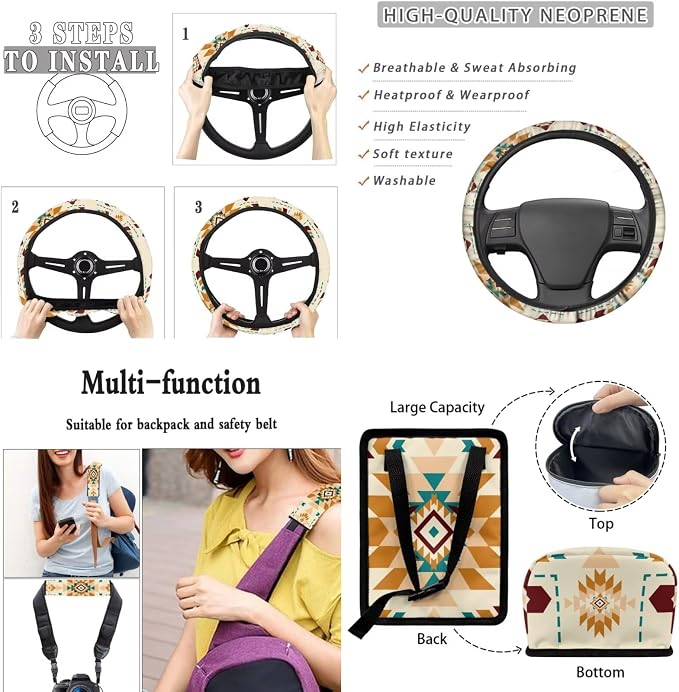 XYZCANDO Ethnic Prints Auto Interior 15 PCS Full Set Car Seat Cover Set Steering Wheel Cover Seat Garbage Bag Storage Box Belt Pads Cover Car Rear View Mirror Cover Coasters Keychain Fit Most Cars