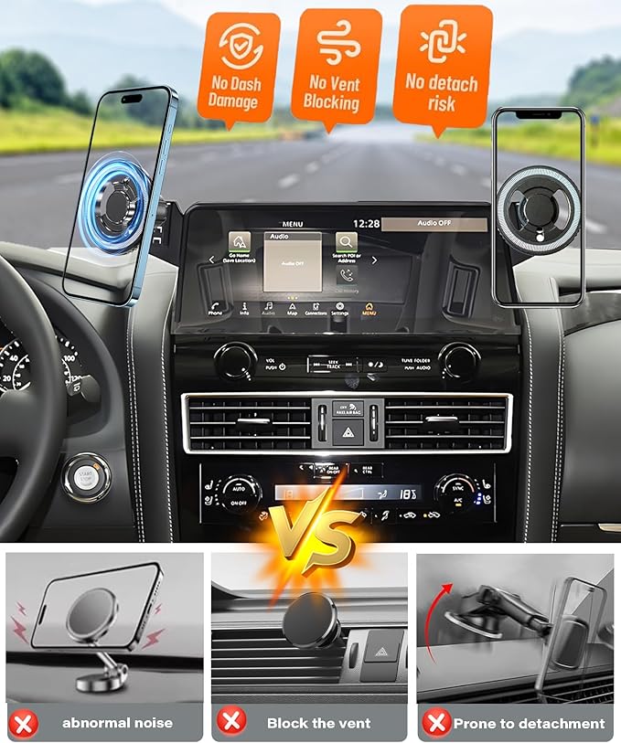 Magnetic Car Phone Mount for Nissan Armada 2021 2022 2023 2024 Accessories, for MagSafe Strong Magnets Cell Phone Holder 12.3-Inch Touch Screen Cradles, with Portable Phone Gripper
