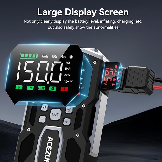 Portable Car Jump Starter with Air Compressor, ACEZUK 150PSI 8000A Jump Starter (All Gas/10.0L Diesel), 12V Battery Jump Box Car Battery Jumper Starter with 3.4" LCD Display, 2 Lights