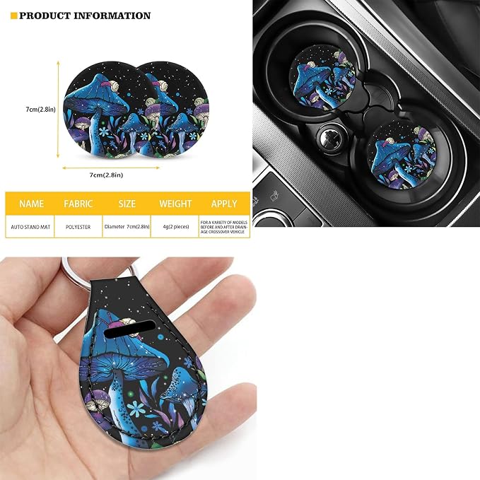 Galaxy Mushroom Car Seat Covers Tripped Mushroom Snail Seat Cover for Front &Rear,with Hippie Mushroom Coasters,2 Pcs Seatbelt Pad,15 Inch Steering Wheel Covers,Keychains Fit Most Vehicles
