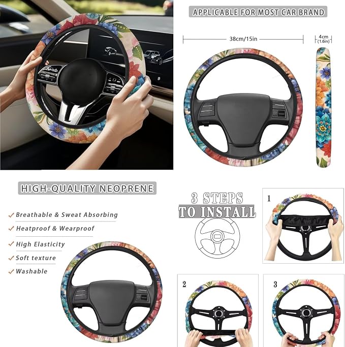 Boho Floral Dragonfly Car Seat Covers Set of 15 with Universal Steering Wheel Cover, Rearview Mirror Cover, Car Trash Can, Seatbelt Pads, Cup Holder Coasters, Keychains