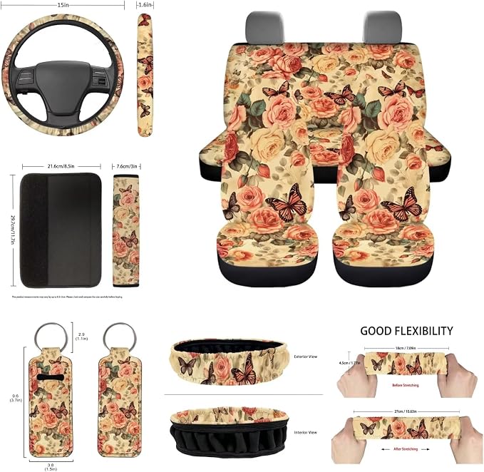 Rose Car Seat Covers 14Pcs, Butterfly Retro Rose Automotive Seat Covers Accessory Full Set with Keychain+Steering Wheel Cover+Auto Mirror Cover+Cup Holder Mat