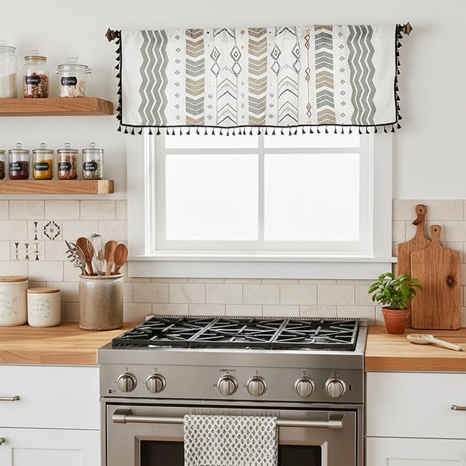 ColorBird Kitchen Window Curtains Over Sink Valance Short Boho Oven Curtain Basement Window Topper Light Filtering Rod Pocket 1 Panel for Cabinet RV (59" W x 18" L, Geometric)