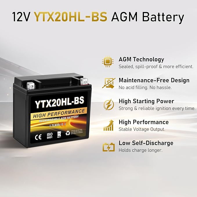 YTX20HL-BS 12V 20Ah AGM Sealed Motorcycle Battery, Maintenance-Free, Compatible with Harley Davidson, Honda, ATV, UTV, Snowmobile Replacement