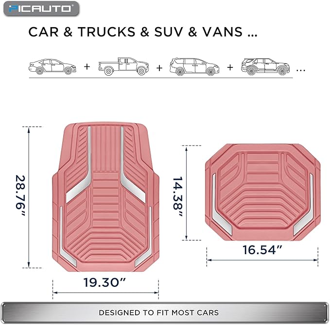PIC AUTO Heavy Duty Pink Rubber Floor Mats, Silver Aluminum Film Car Mats Set, Front and Rear Car Mats with Anti-Slip Backing, All Weather Protection, Trim-to-Fit for Automotive SUV, Sedan, Van