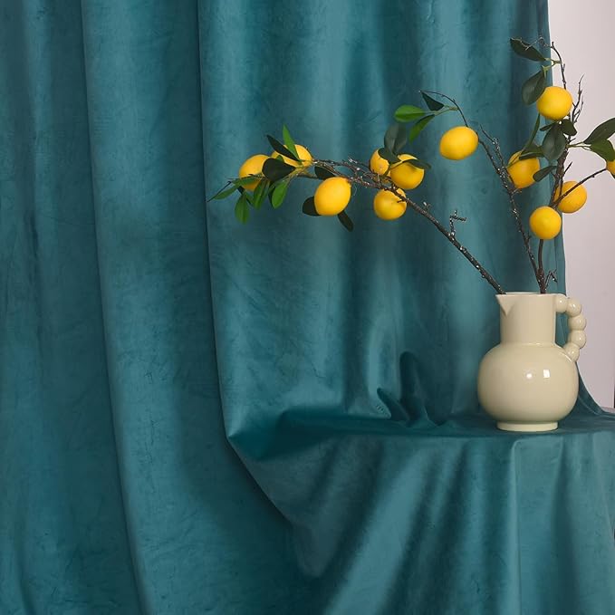 Roslynwood Luxury Soft Teal Blue Velvet Curtains 96 inches Long Back Tab Thermal Insulated Blackout Window Drapes for Living Room/Bedroom/Dining Room, W52 x L96, 2 Panels