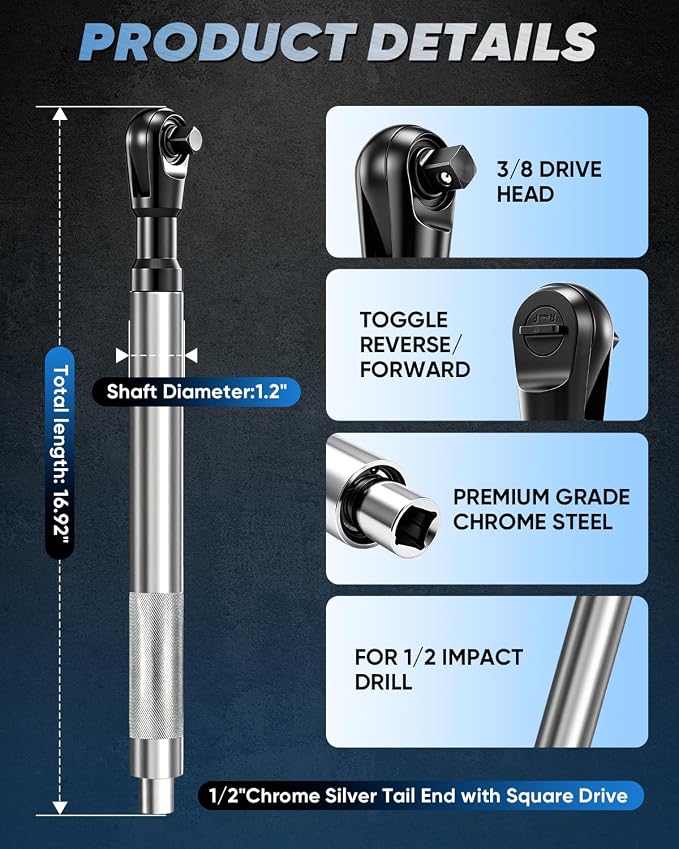 Saker 1/2 Drive Offset Ratchet Extension Wrench for Tight Spaces, Long Reach Impact Extension Tool with 3/8" & 1/4" Adapters, Non-Slip Grip Heavy Duty Automotive Mechanic Kit
