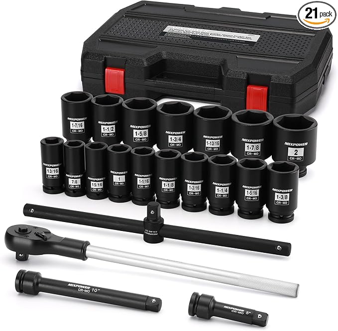 MIXPOWER 21 Pieces 3/4'' Drive Deep Jumbo Impact Socket Set,SAE(7/8''-2''),6 Point,Ratchet Wrench Adapters Extension Bars,CR-MO
