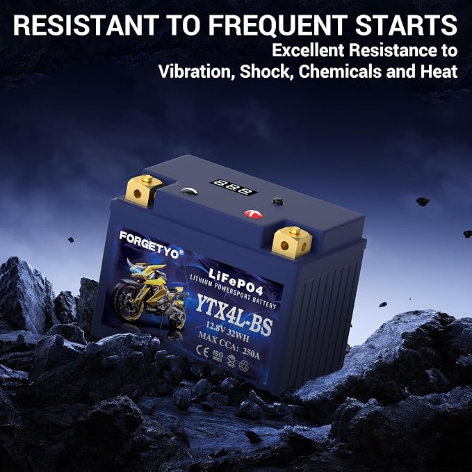 Lithium YTX4L-BS, Forgetyo 12V 2.5AH 250CCA LiFePO4 Motorcycle Battery, ATV, UTV, Jet Ski, 4 Wheeler,Snowmobile,Tractor and Generator Battery