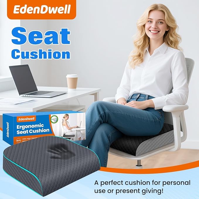 Seat Cushion for Office Chair, Memory Foam Chair Cushions, Car Seat Cushion for Long Sitting, Desk Chair Cushion for Pressure Relief, Non-Slip Bottom, Washable Cover, Large, Grey