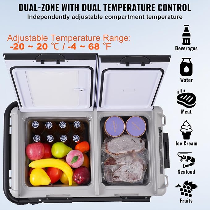 VEVOR Car Refrigerator 50L / 52.8 QT, Dual Zone 12 Volt Compressor Fridge, -4℉ to 68℉ Adjustable, Portable Freezer Cooler for Car, RV, Camping, Home