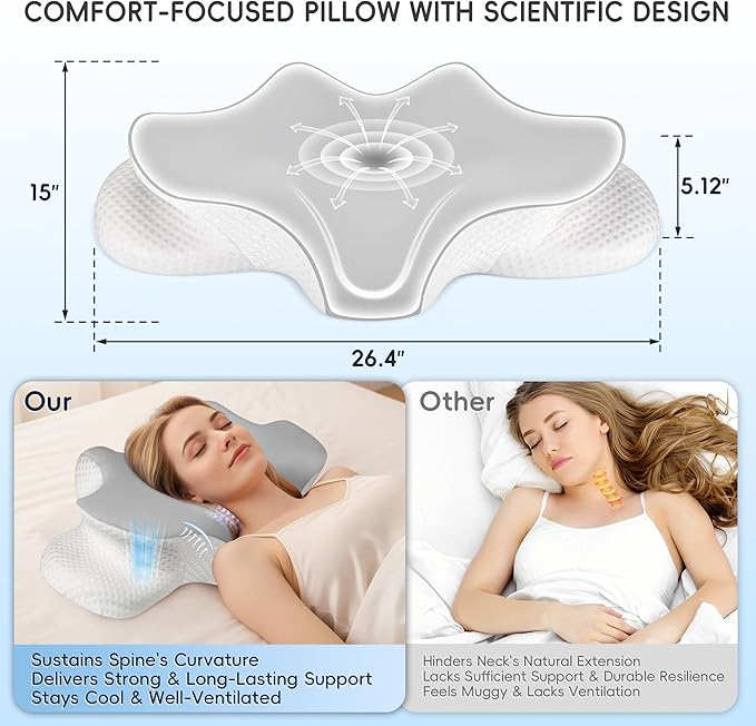 Cervical Pillow for Neck and Shoulder Support, Contour Memory Foam Pillow for Pain Relief, 2 Heights Cooling Ergonomic Orthopedic Pillow for Side Back Stomach Sleepers Grey
