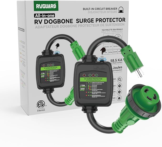 RVGUARD Surge Protector 30 Amp to 110 Volt RV Adapter Cord with Overload Protection, NEMA 5-15P to NEMA L5-30R Electrical Power Adapter, 2 Feet, Green, ETL Listed