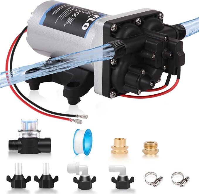 [Upgraded Version] 12V DC RV Fresh Water Pump, 5.5GPM 55PSI, Five Chamber Self-Priming Diaphragm Pump with Heavy Duty Pressure Switch & Strainer (12V-5.5GPM-55PSI)