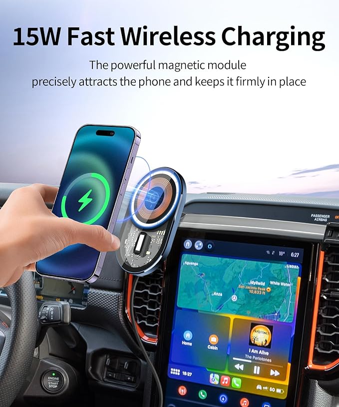 Wireless Charging Car Phone Holder for Ford Ranger 2024-2025, 12" Screen Fixed Clip, 360° Rotation Car Phone Mount Compatible with MagSafe