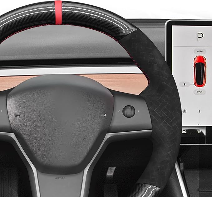 MEWANT DIY Shiny PU Carbon Fiber Woven Embossed Athsuede Steering Wheel Cover for Tesla Model Y 2023 Model 3 2017-2023