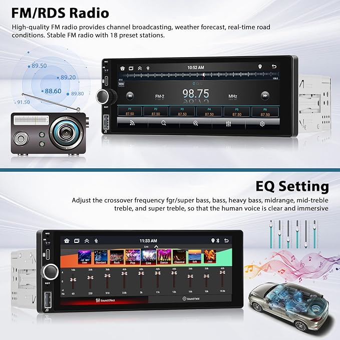 Inefala 6.86" Wireless Carplay Single Din Car Stereo Touchscreen Car Radio Bluetooth 5.0 Android Auto FM RDS EQ SWC Car Audio Receiver USB Type C Fast Charge MIC Backup Camera