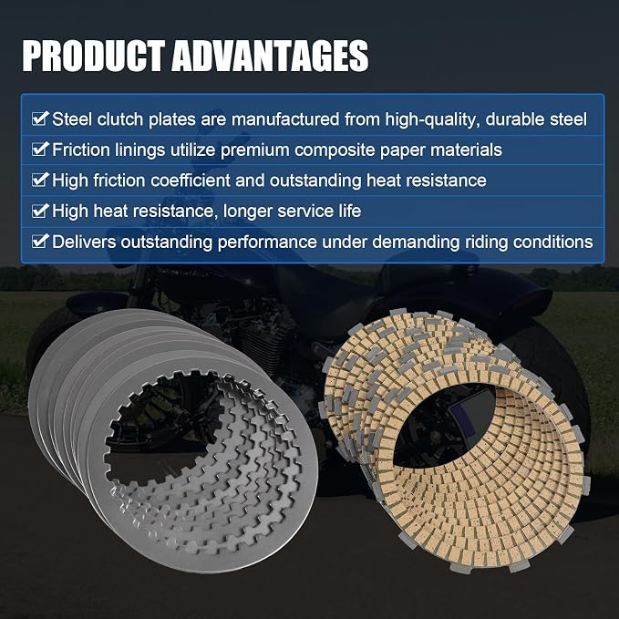 19pcs Twin Cam Extra Plate Friction Steel Clutch Kit Compatible with Harley Davidson Touring, Softail, Dyna, Trike twin cam models 99-17,Evolution 1340 models 98-99 Replace#37980-10